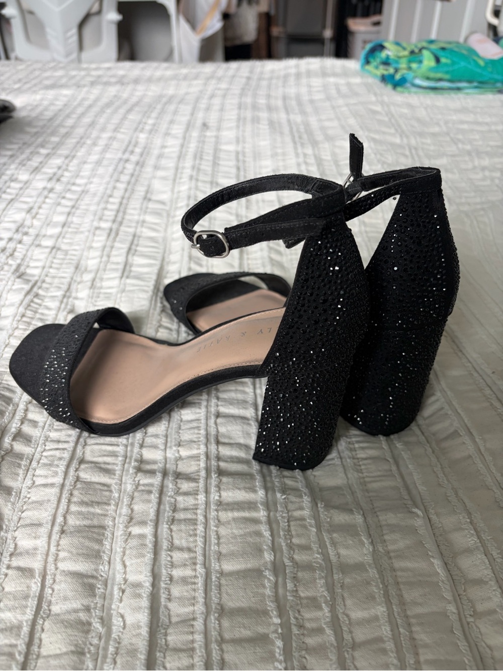Kelly & Katie Black Sparkle Block Heel Ankle-Strap Sandals